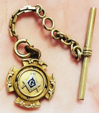 Rare Early 1900s Gold Tone Masonic Freemason Fob Medal Chain Pendant Nr Look