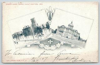 Huntington Indiana Old & County Court House Views C1905 Art Nouveau Postcard