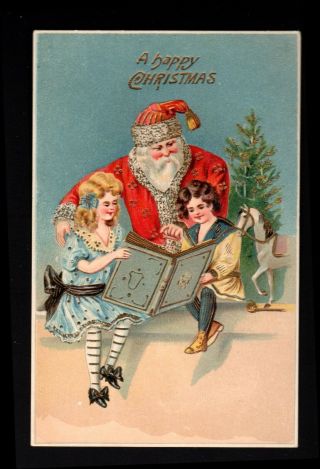 Vintage Christmas Postcard - Santa & Children Reading - Gold Trimmed - A.  S.  B.  185
