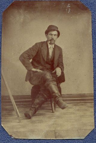 Smoth Sharp Full View Tintype Pipe Smoking Man High Leather Boots