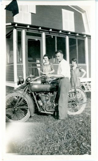 Antique B/w Photo - Man Standing With His Early Indian Motorcycle