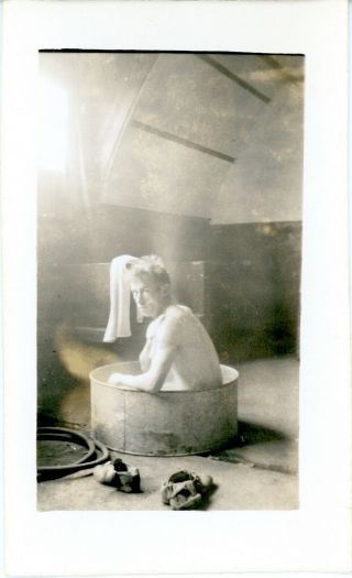 Antique B/w Photo - Man Taking A Bath In A Tin Or Galvanized Tub