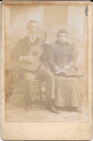 Music Cabinet Card Man And Woman Playing Guitar And Autoharp Possibly Evangelist