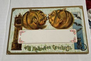 Vintage Hofmann Halloween Postcard - Kissing Pumpkin Heads 2040