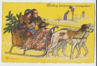 Art Deco Artist Signed Busi Dogs Pulling Sleigh
