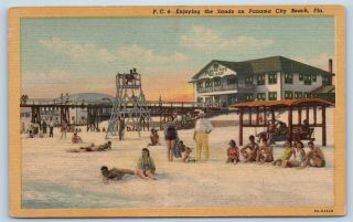 Postcard Fl Panama City Beach Pier Beach Scene Vintage Linen B07