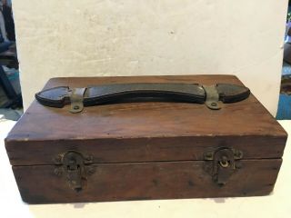 Vintage Hand Made Wooden Box With Leather Handle Metal Hardware