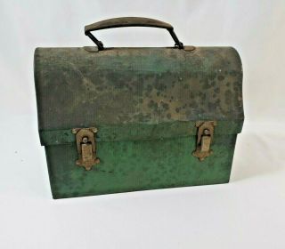 Vintage Thermos Green Shabby Metal Dome Top Lunchbox W/ Stars On Each Side