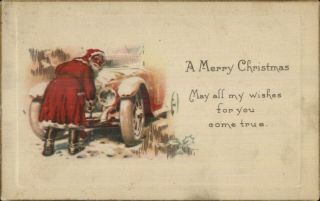 Christmas - Santa Claus & Car - Cranking Engine? C1915 Postcard