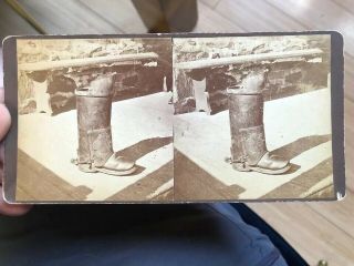 Weird Old Western Americana Or Texana Stereoview Photo Of A Cowboy Boot & Spur