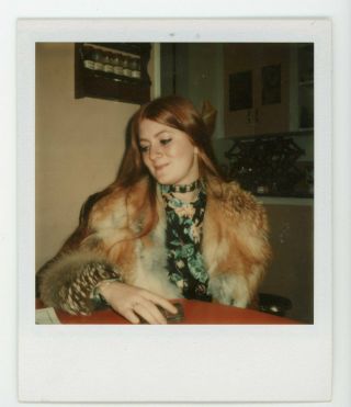Pretty Stylish Redhead Woman In Fur Jacket Vintage Color Snapshot Photo Polaroid