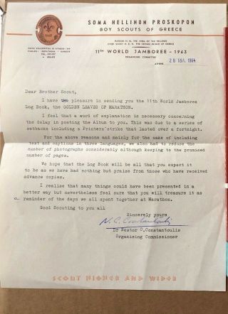 1963 World Scout Jamboree Greece Memory Book Letter