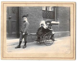 Small Antique Mounted Photo Of Children With Cart Wagon