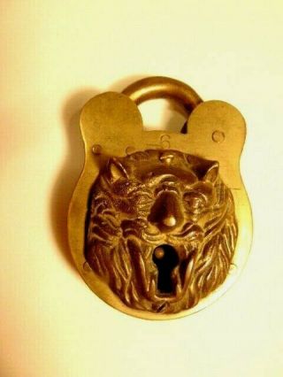 Large Brass Padlock With Lion Face,  No Key,  Patent Date Feb 1896