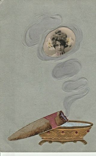 Cigar Band Fantasy Mini Rppc Lady In Smoke Ring Gold Ashtray Emboss Airbrushed