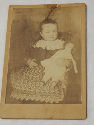 Antique Cabinet Card Photo Of Young Girl With Baby Doll 1880 