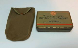 Vintage Early Period Boy Scouts Of America Tin First Aid Kit Contents Cloth Case