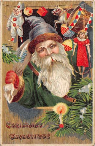 Christmas Greetings Santa Claus Green Robe Vintage Postcard Jg236747