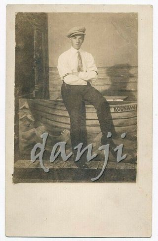 Studly Young Man In Scally Cap On Arcade " Rockaway " Boat 1907 - 1918 Rppc Photo