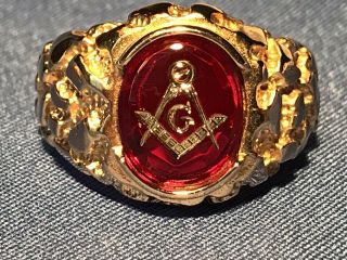 Masonic Lodge Ring Red Oval Stone 18k Hge Gold Nugget Style Size 10 Usa Made