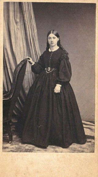 Beauty In Black Dress - Young Woman With Long Black Curls - Vintage Cdv Photo