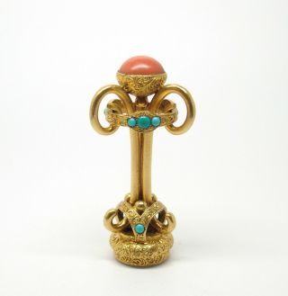 Fine Antique Victorian Gilt Seal Fob With Coral And Turquoise