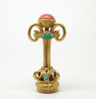 Fine antique Victorian gilt seal fob with coral and turquoise 2