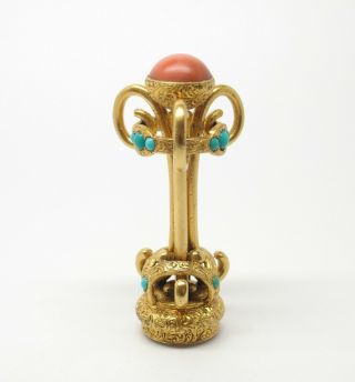Fine antique Victorian gilt seal fob with coral and turquoise 3