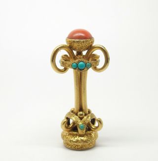 Fine antique Victorian gilt seal fob with coral and turquoise 4