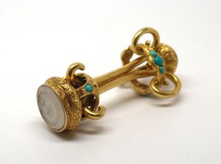Fine antique Victorian gilt seal fob with coral and turquoise 6