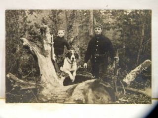 Real Photo Postcard : A Dad & His Son Hunting With Their Dog And Guns