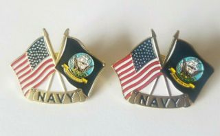 Set Of 2 Vtg 90s Us Navy & American Flag Gold Tone Metal Enamel Pin