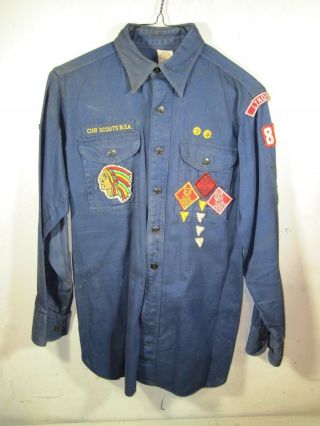 Vintage Cub Scouts Bsa Uniform Shirt Blue With Patches & Star Pins