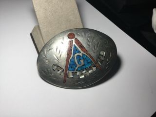 Masonic Belt Buckle,  Alpaca Silver,  Turquoise & Coral inlay 1 - 3/4 in belt 498 - S 3
