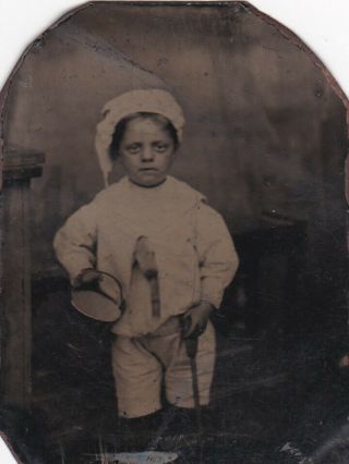 Antique Tin Type Photo Of Young Child With Bucket And Spade