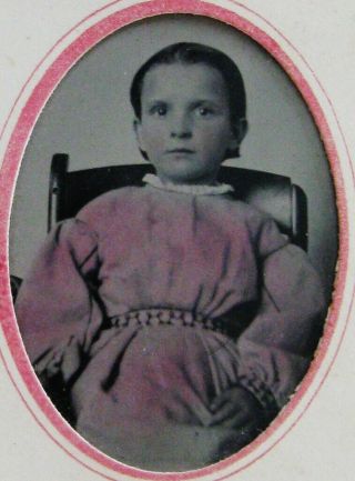 Antique Tintype Photo Of A Darling Little Girl Wearing A Tinted Pink Dress