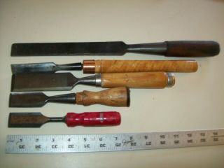 5 Different Vintage Wood Chisels 2 Greenlee 1 Dunlap Straight 3/4 " - 1 1/4 " Wide