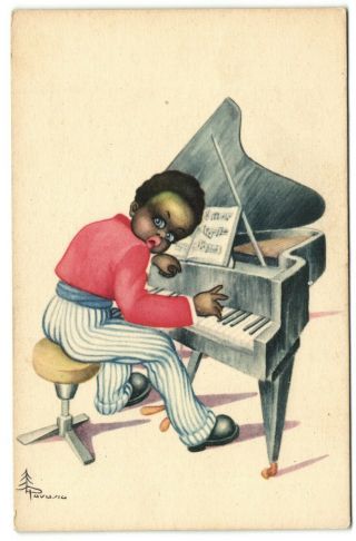 Black Americana Boy Playing Pianao Making Musicc Signed Artist Postcard
