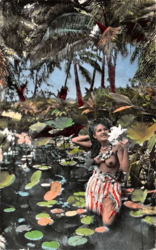 Tahiti,  Semi - Nude Native Woman In Pond With Flowers,  Tinted Real Photo Pc 1930 