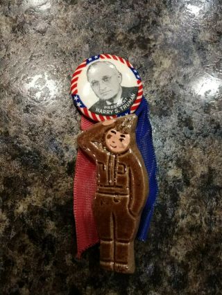 Harry Truman 1948 Presidential Campaign Button Ribbon With Ceramic Soldier Rare