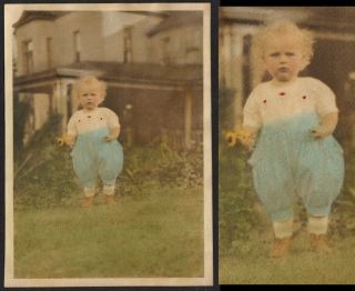 Frowning Baby Blond Girl In Blue Pants In Yard 1930s 5x7 Vintage Tinted Photo