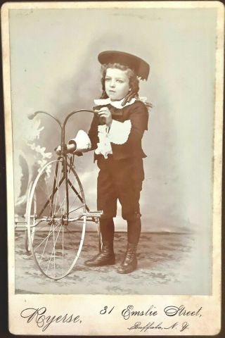 Antique Sepia Cabinet Photo Buster Brown Boy W/curls - Tricycle Bike Early 1900s