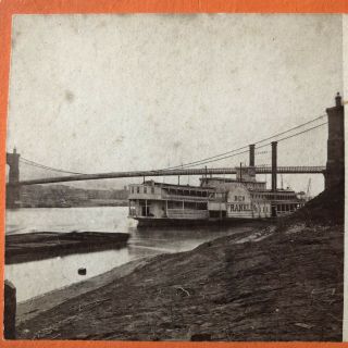 1870’s Photo Stereoview Suspension Bridge,  Cincinnati Oh Ben Franklin Steamer