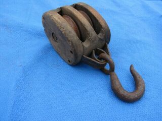Antique Vintage Cast Iron & Wood Double Wheel Nautical Pulley For Display Only