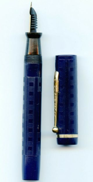 Large Oversize Flattop Eclipse NY Blue Chased Pen,  Large Flex Nib,  Restored 3