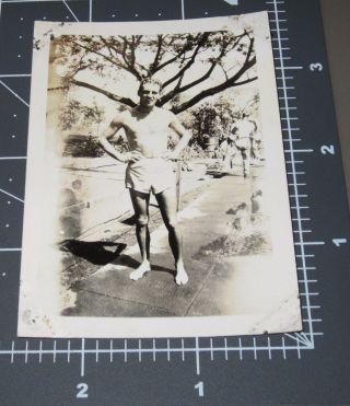 Shirtless Confused Man Muscle Guy Pool Swimsuit Vintage Gay Snapshot Photo