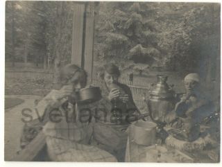 1930s Summer Tea Samovar Three Women Lunch Soviet Dacha Russian Vintage Photo