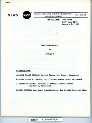 Rare 1969 Official Nasa Apollo 8 Post Flight News Conference Transcript