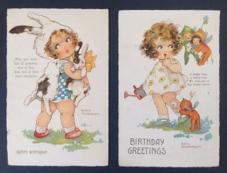 Artist Signed Agnes Richardson Birthday Postcards (2) Cute Rabbits,  Pixies
