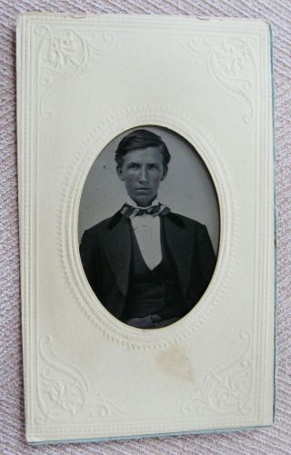 ANTIQUE TINTYPE PHOTO OF A HANDSOME DAPPER YOUNG MAN WEARING A STRIPED BOW TIE 2